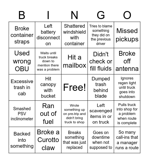 Driver Bingo Card