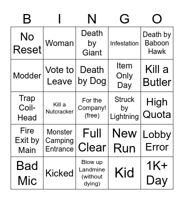 Lethal Bingo Card