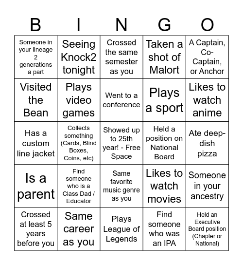 KΠB 25th Year Anniversary Bingo Card