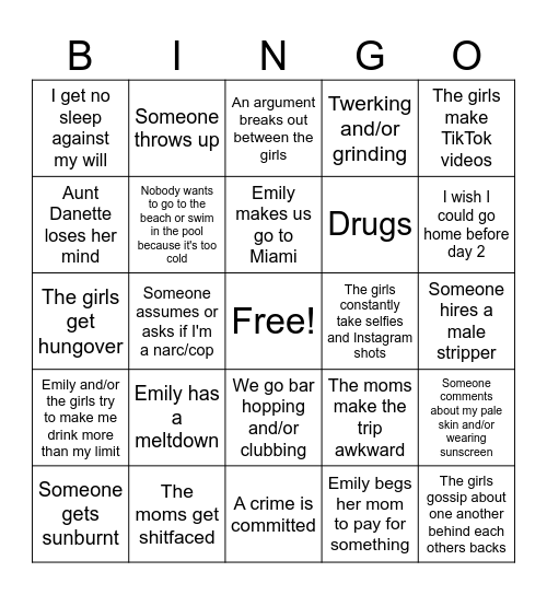 Emily's Bachelorette Party Bingo Card