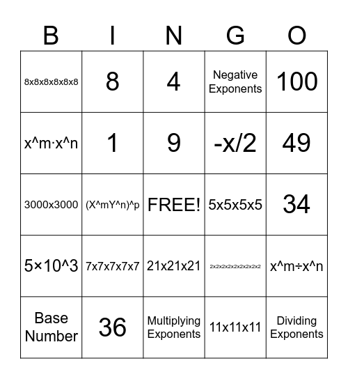 Exponent Bingo Card