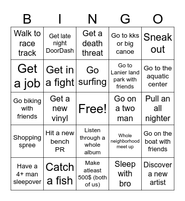 Summer bucket list Bingo Card