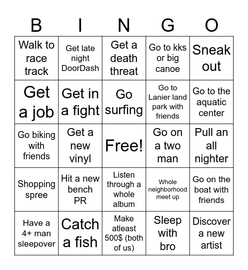 Summer bucket list Bingo Card