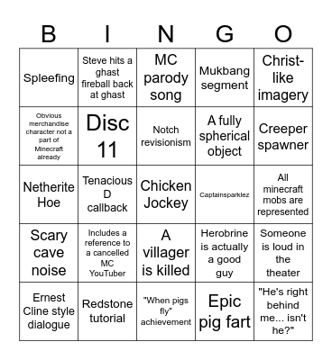 Minecraft Movie Bingo Card