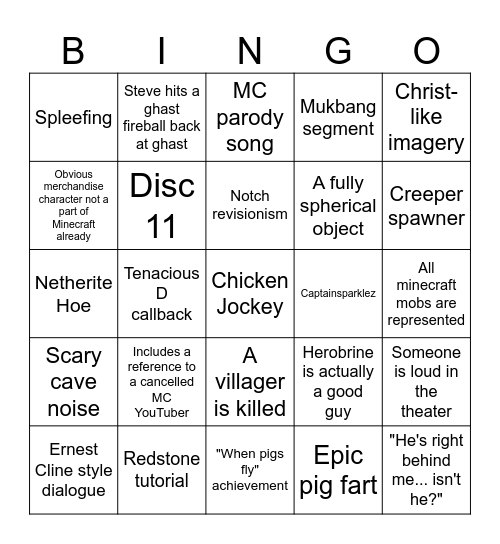 Minecraft Movie Bingo Card
