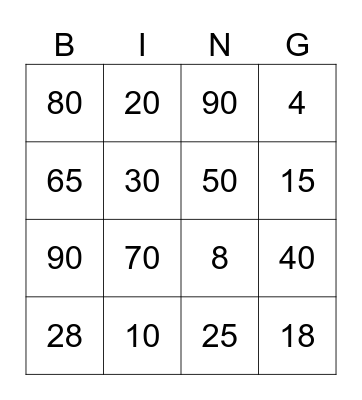 Number Bingo Card