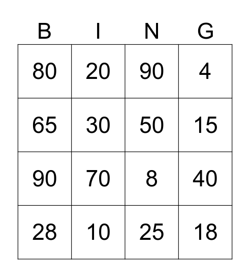 Number Bingo Card