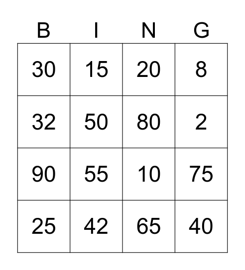 Number Bingo Card