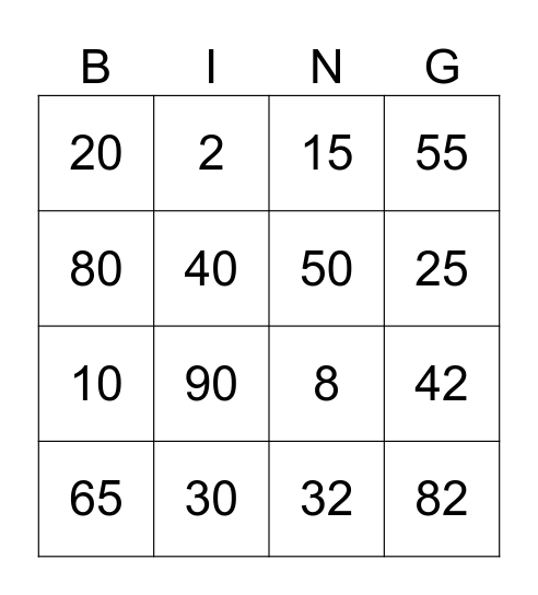 Number Bingo Card