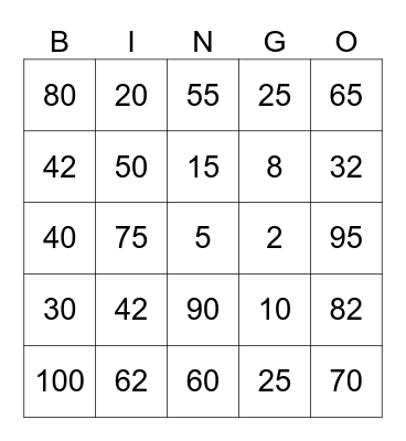 Number Bingo Card