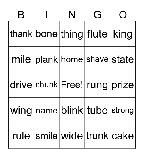 Term 1 Review magic-e, - ng, - nk Bingo Card