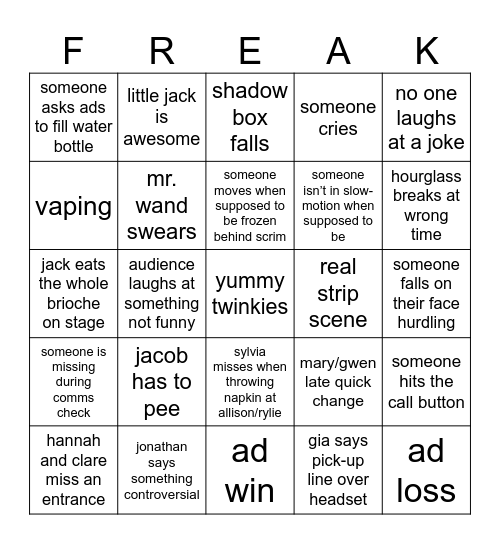 Freaky Friday Bingo Card