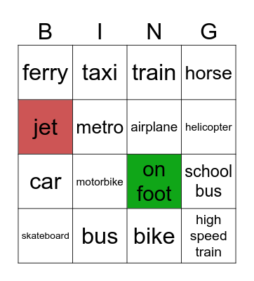 transportation Bingo Card