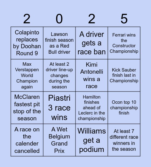 Greg's F1 2025 Predictions Bingo Card