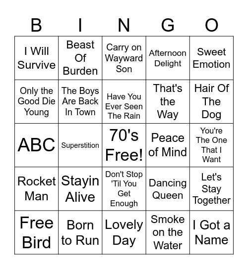70's Music Bingo Card