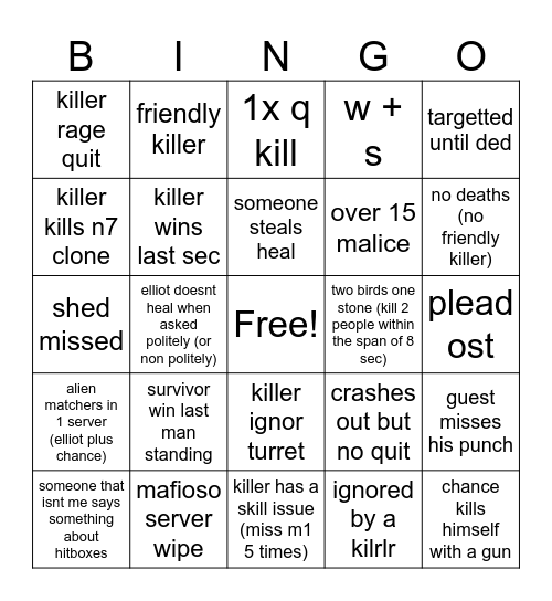 Forsaken Bingo Card
