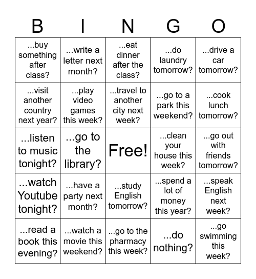 Going to Bingo Card