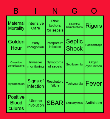 Maternity Sepsis Bingo Card
