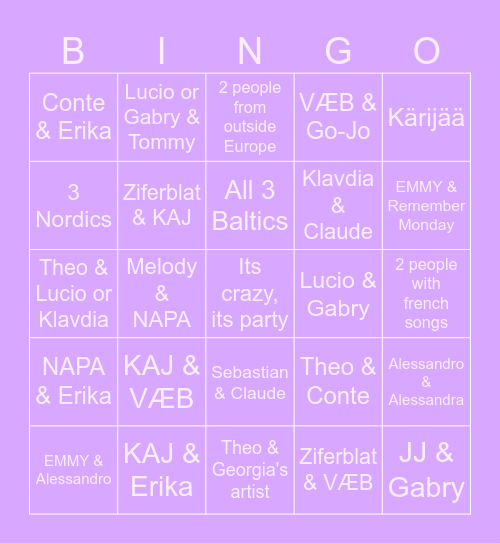 ESC Parties Bingo Card