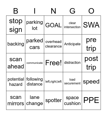 SWAT Bingo Card