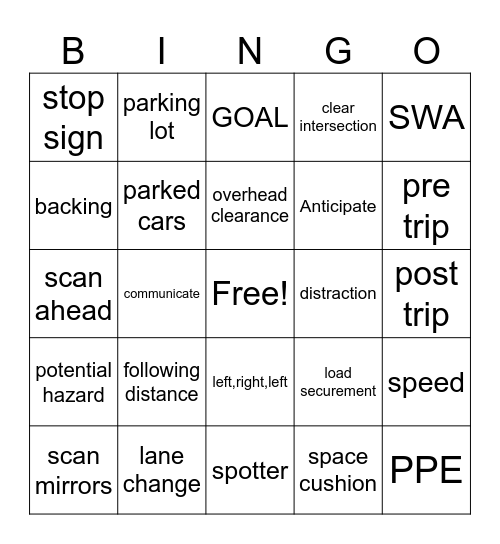 SWAT Bingo Card