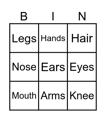 Parts of the body Bingo Card