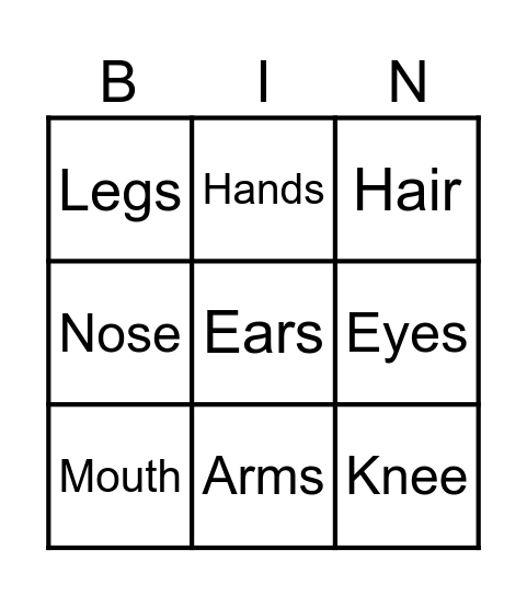 Parts of the body Bingo Card