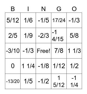 Add and Subtract + and - Fractions Bingo Card