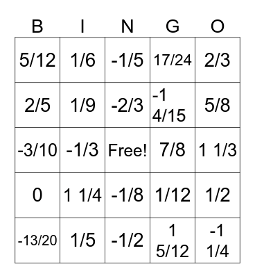 Add and Subtract + and - Fractions Bingo Card