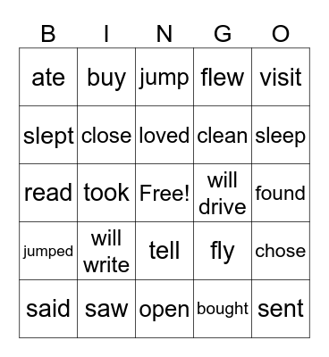 Verbs- Past, Present, Future Bingo Card