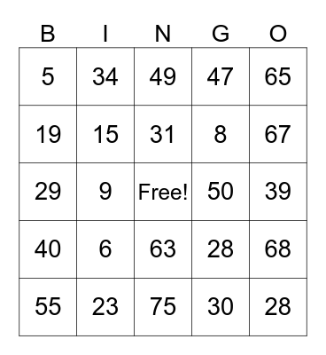 Number BINGO Card