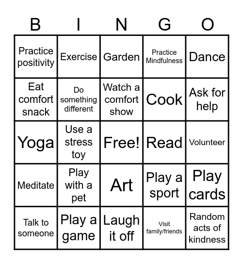 Coping Skills Bingo Card