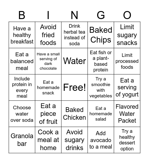 Healthy Eating Bingo for Mental Health Bingo Card