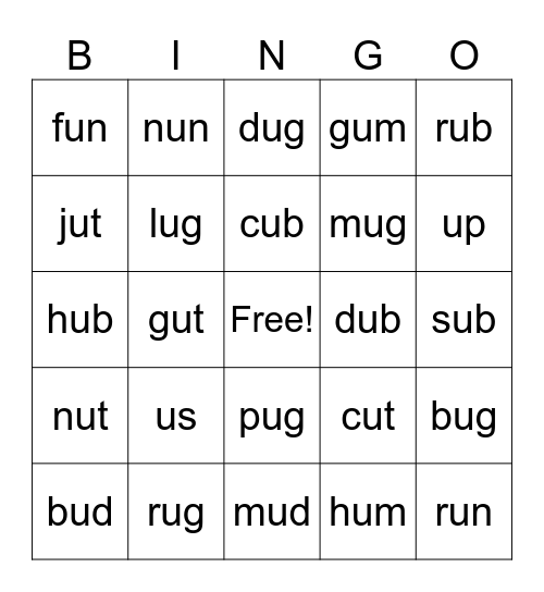 Short u Bingo Card