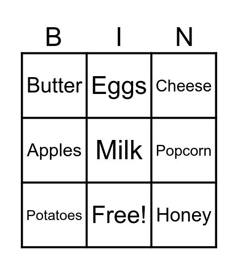 Food Bingo Card