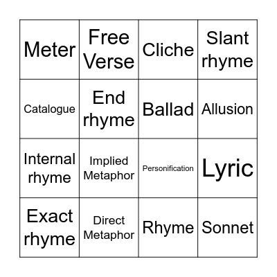Poetry Terms Bingo Card
