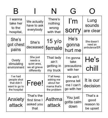 Anxiety Attack Bingo Card