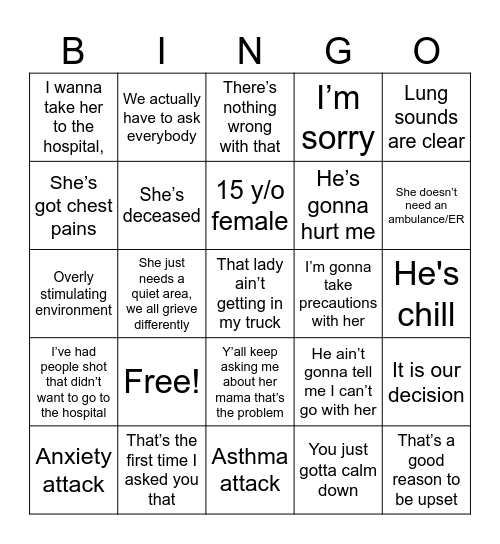 Anxiety Attack Bingo Card