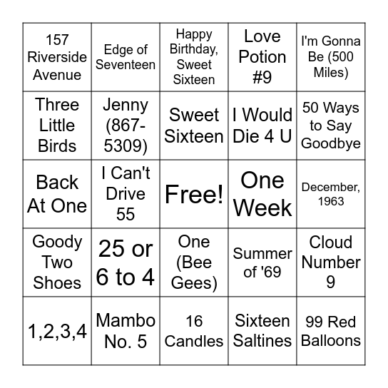 NUMBERS - MUSIC BINGO Card