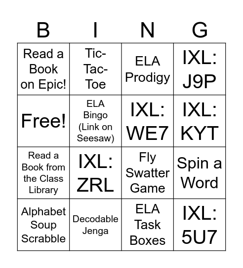 March ELA Bingo Card