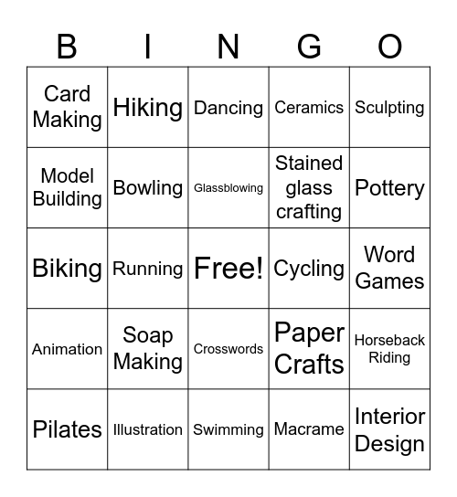 Popular Hobbies Bingo Card