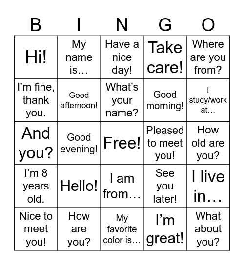 Bingo Greetings Bingo Card