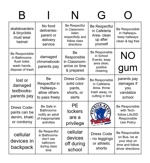 PHMS Policy BINGO Card