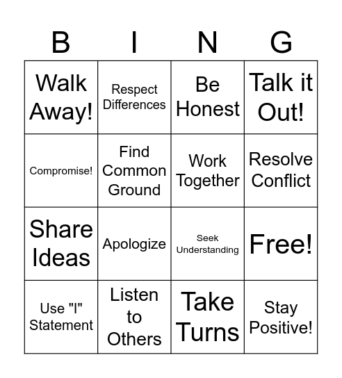 Conflict Resolution Bingo Card