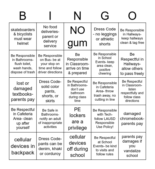 PHMS School Policy BINGO Card