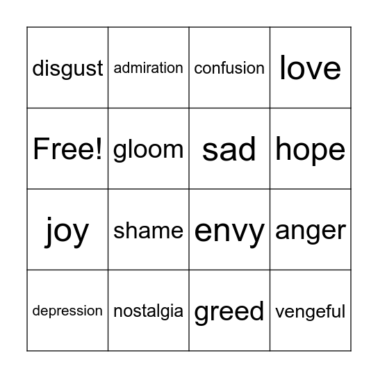 Our Feelings Bingo Card
