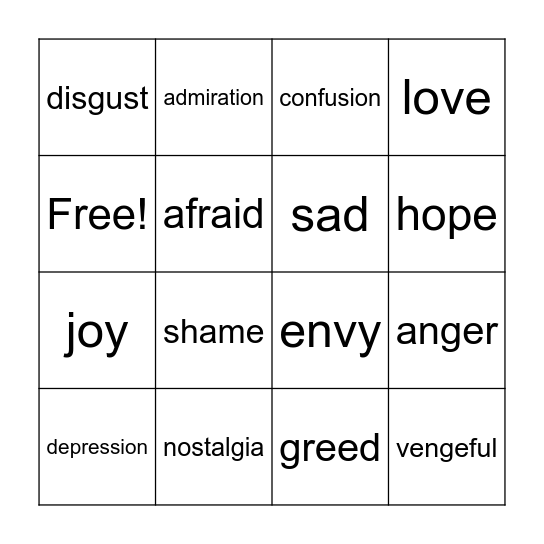 Our Feelings Bingo Card