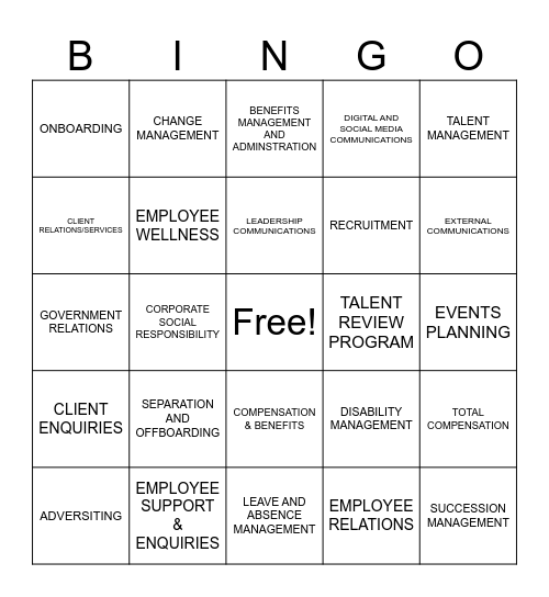 People and Culture Bingo Card