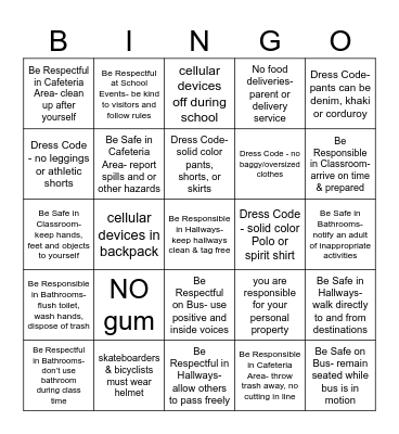 School Policies Bingo Card