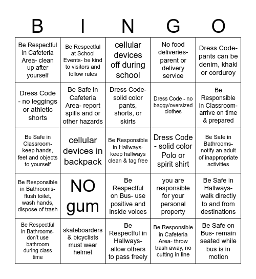 School Policies Bingo Card
